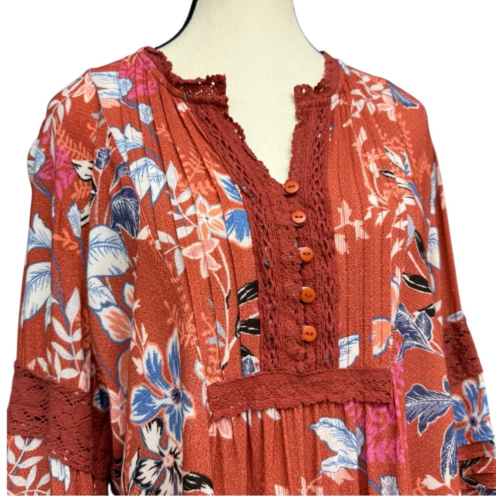 Sundance Rust Floral Lace Peasant Blouse Size Large Boho Peasant Blouse - Picture 6 of 11